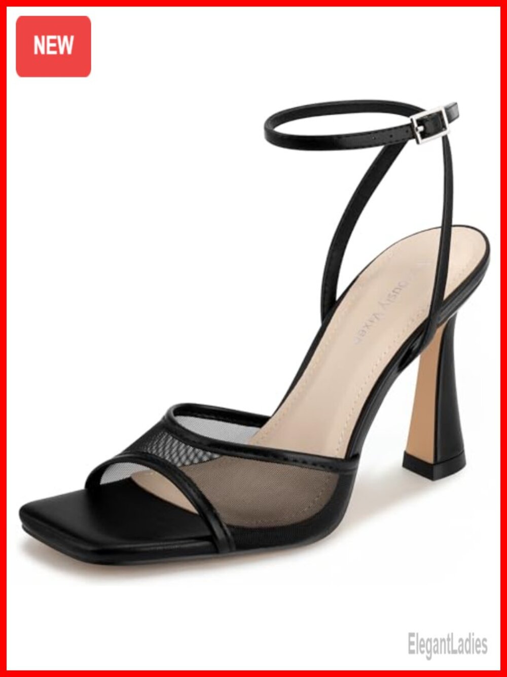 Women's Strappy Kitten Heels Square Open Toe Mesh Ankle Strap Sandals